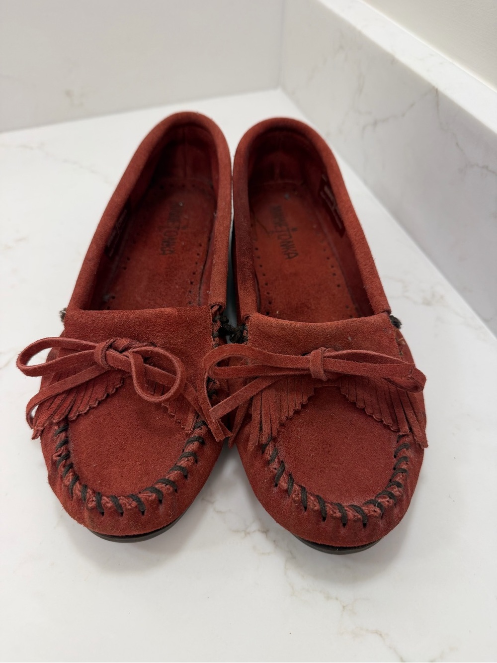 Minnetonka Suede Tassel Moccasin Loafers in Rust